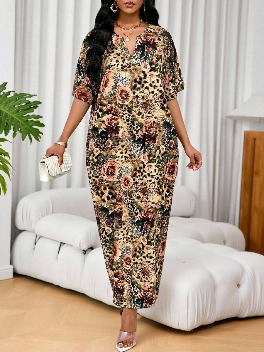 SHEIN Lady 四季通用度假洋裝/婚禮賓客穿搭/舞會禮服/金色女款緞面提花前開衩洋裝,休閒派對優雅晚裝 - 彩色 - 查看 1