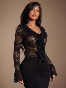 Radiana Áo khoác cardigan ren đen gợi cảm, thanh lịch, độc đáo dành cho nữ, áo kiểu ren xếp ly lãng mạn ôm sát, tay loe, cổ chữ V khoét sâu, thích hợp cho các buổi đi chơi thường ngày, hẹn hò, tụ họp, tiệc tùng, hộp đêm, lễ hội, kỳ nghỉ. - màu đen - Xem 5