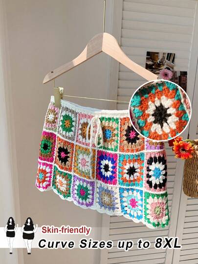 SHEIN CURVE+ Extra Large Women's Colorful Flower Pattern Mini Knitted Skirt, Vacation Skirt, Woolen Beach Vacation Hoodie Skirt