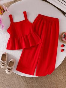 SHEIN Genkimix Kids 2 Stücke/Set Lässige Textur Stoff Ärmellos Weite Hose für Kleine Mädchen, rotes bequemes Sommer Kinder Casual Weste & Hose Set, modische Pendler Outdoor Outfit - Rot - Übersicht 2