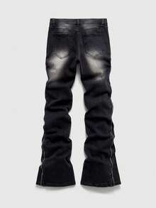 ROMWE MEN Men's Casual Fashion Street Punk Style Metal Rivet Adjustable Zipper Layered Washed Flare Jeans - Black - View 3