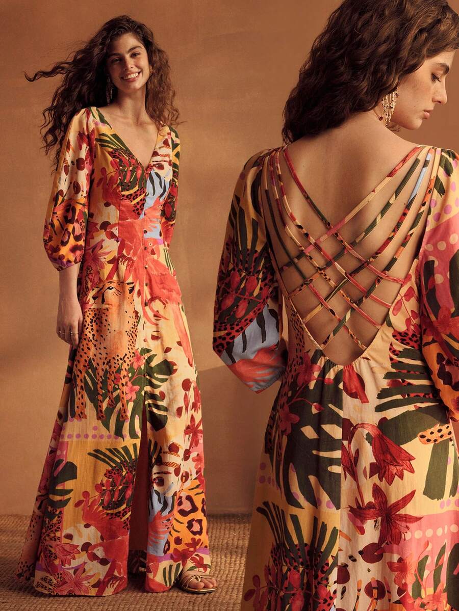 MOTF PREMIUM VESTIDO LARGO DE PUNTO CON ESTAMPADO DE LINO Y ABERTURA FRONTAL PARA MUJER, VACACIONES