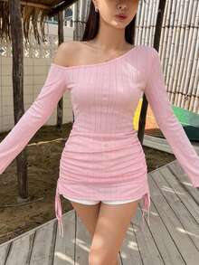 DAZY 女款夏季不對稱單肩抓皺繫帶沙灘罩衫，性感透視泳衣披肩長袖 - 淺粉色 - 查看 5