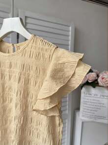 Kids/Teen Girls Textured Peach Blouse,Summer Elegant Round Neck Ruched Ruffled Trim Flutter Sleeves,Party Casual French Style,Back To School Outing - Apricot - View 5