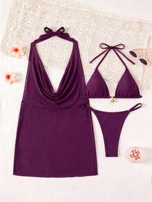 Swim SXY Ensemble 3 pièces à imprimé floral : Top de bikini à col ras-du-cou avec nœud devant, robe paréo avec dos découpé, maillot de bain sexy pour femmes - Prune - Voir 5