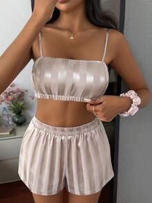 Livesso Bộ đồ ngủ 2 món áo hai dây ngắn sọc và quần short rộng, đồ ngủ mùa hè cho nữ - Màu Khaki - Xem 7