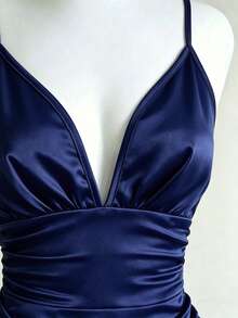 Franclia Women's Elegant Solid Satin Luxurious Spaghetti Strap Ruched Low-Cut Waist Dress - Navy Blue - View 5