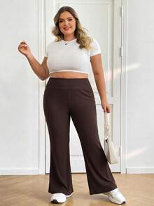 SHEIN CURVE+ 女士高腰喇叭弹力休闲裤，秋季/春季/夏季清凉裤，喇叭裤 - 棕色 - 查看 6