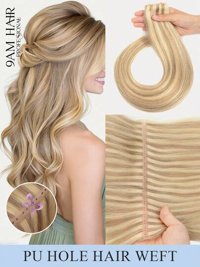 Butterfly Weft Hair Extensions Human Hair PU Hole Weft Extension 12-24inch Ash Blonde Highlighted Blonde Color Straight Human Hair Extensions Bundles Invisible  PU Weft Hair Extensions With Hole Soft & Silky For Daily & Party & Holiday & Wedding