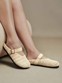 Solecia Women's Slip-On Thick Soled Mule Loafers, Casual Spring/Autumn Shoes For Christmas - Woven grass apricot - View 2