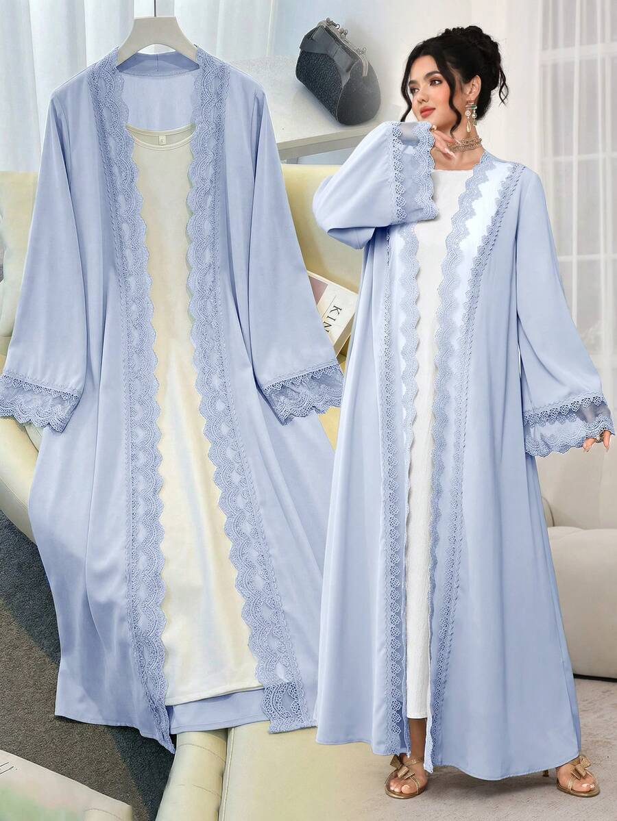 Al Najma Elegante bata abaya con adorno floral, adecuada para primavera y verano - Azul - Ver 1