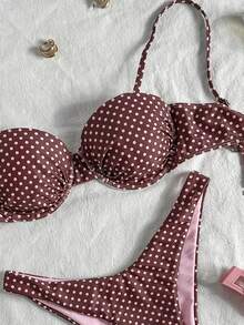 Swim Mod Conjunto de Bikini de 2 Piezas con Aros, Estampado de Lunares & Estampado Aleatorio, Traje de Baño Sexy para Vacaciones de Primavera/Verano - Multicolor - Ver 6
