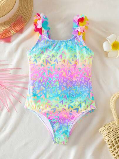 SHEIN Young Girl Ombre Heart Print 1-Piece Swimsuit With 3D Floral Decor