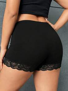 SHEIN PETITE CURVE 大尺碼女款小個子透視網紗單車短褲 高腰緊身褲 黑色 夏季優雅日常休閒 度假風 - 黑色 - 查看 6