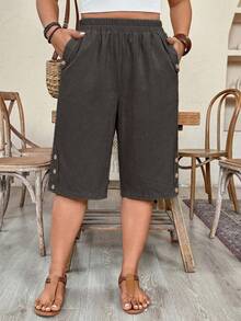 Weeklong Plus Size Women Elastic Waist Casual Shorts With Side Pockets And Rivet Decor - Dark Grey - View 6