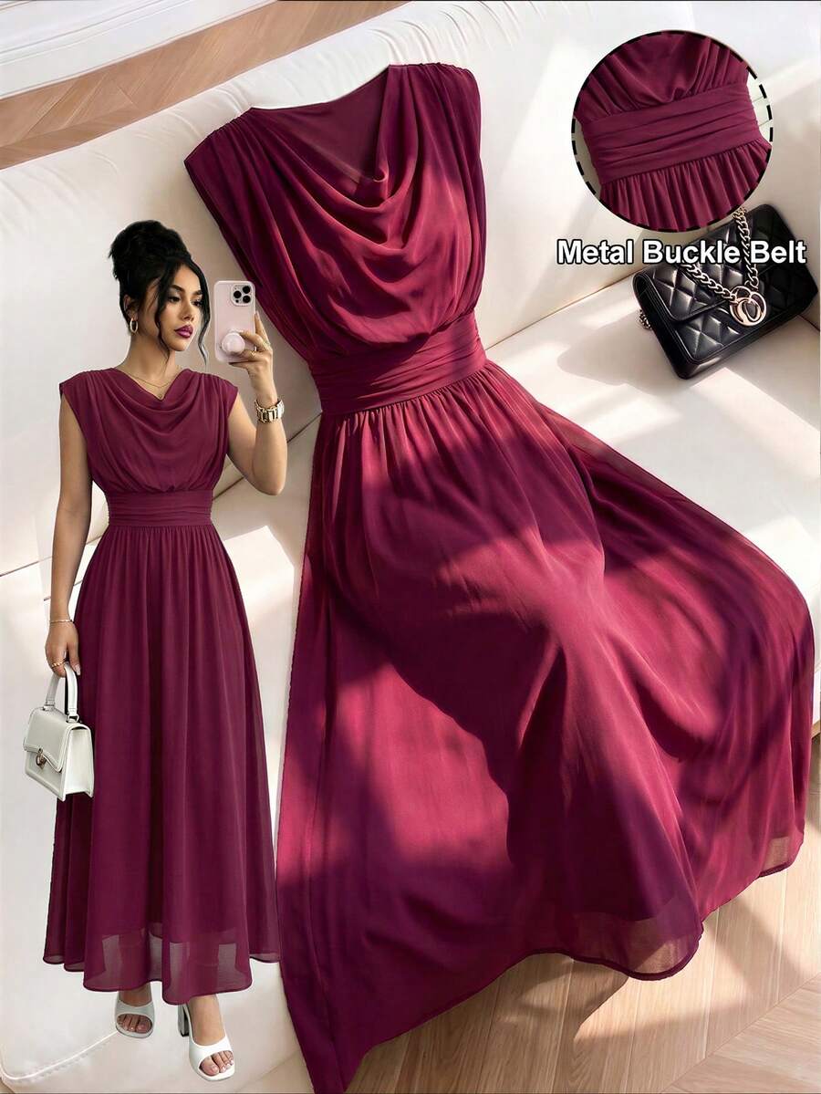 Modelyn Burgundy Chiffon Sleeveless Draped Neck Cinched Waist Long Flared Dress, Spring/Summer Dining Elegant Dining