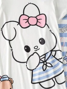 2件大女孩青少年女童休閒夏季睡裙，印有可愛兔子圖案與藍白條紋設計，圓領短袖居家服，採用柔軟輕盈針織面料製成，適合在炎熱季節舒適地休息與享受平滑放鬆的日常舒適感 - 藍白色 - 查看 5