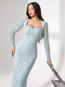 Modelyn 女款方領蕾絲長袖修身中長洋裝 - 藍色 - 查看 3