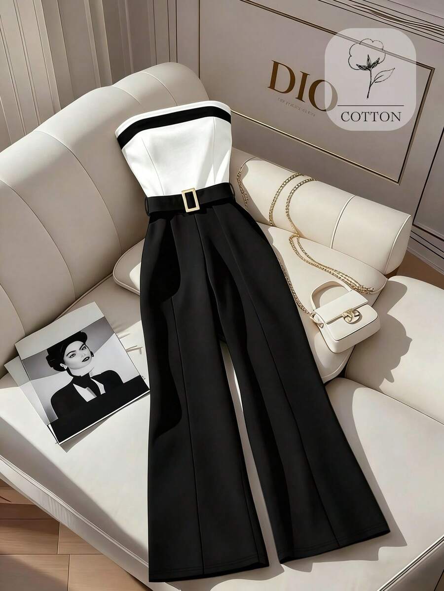 SHEIN Franclia 女士新款无肩带撞色金属扣腰阔腿连体裤 - 黑與白 - 查看 1