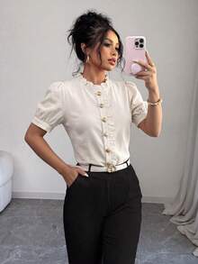 Elenzga Women's Solid Color Single-Breasted Casual Versatile Daily Wear Shirt - Apricot - View 4