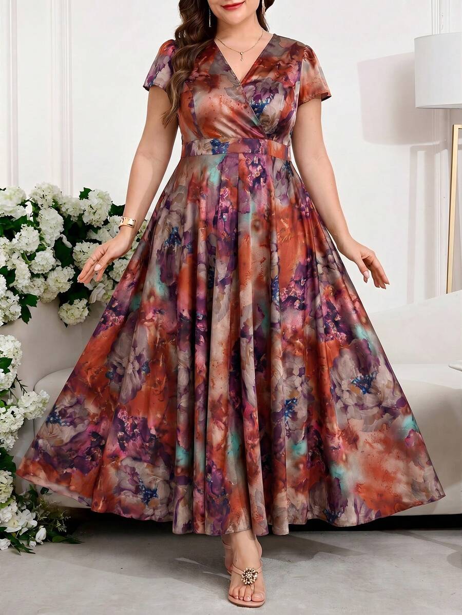 Reflora Plus Size Women's Elegant Floral Print Dress, Summer Wedding Guest Dress - Burgundy - View 1
