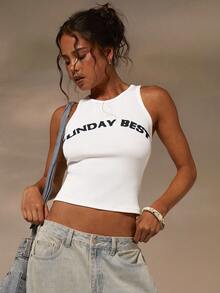 Athîral 女士刺绣标语赛车背心休闲上衣 - 白色 - 查看 2