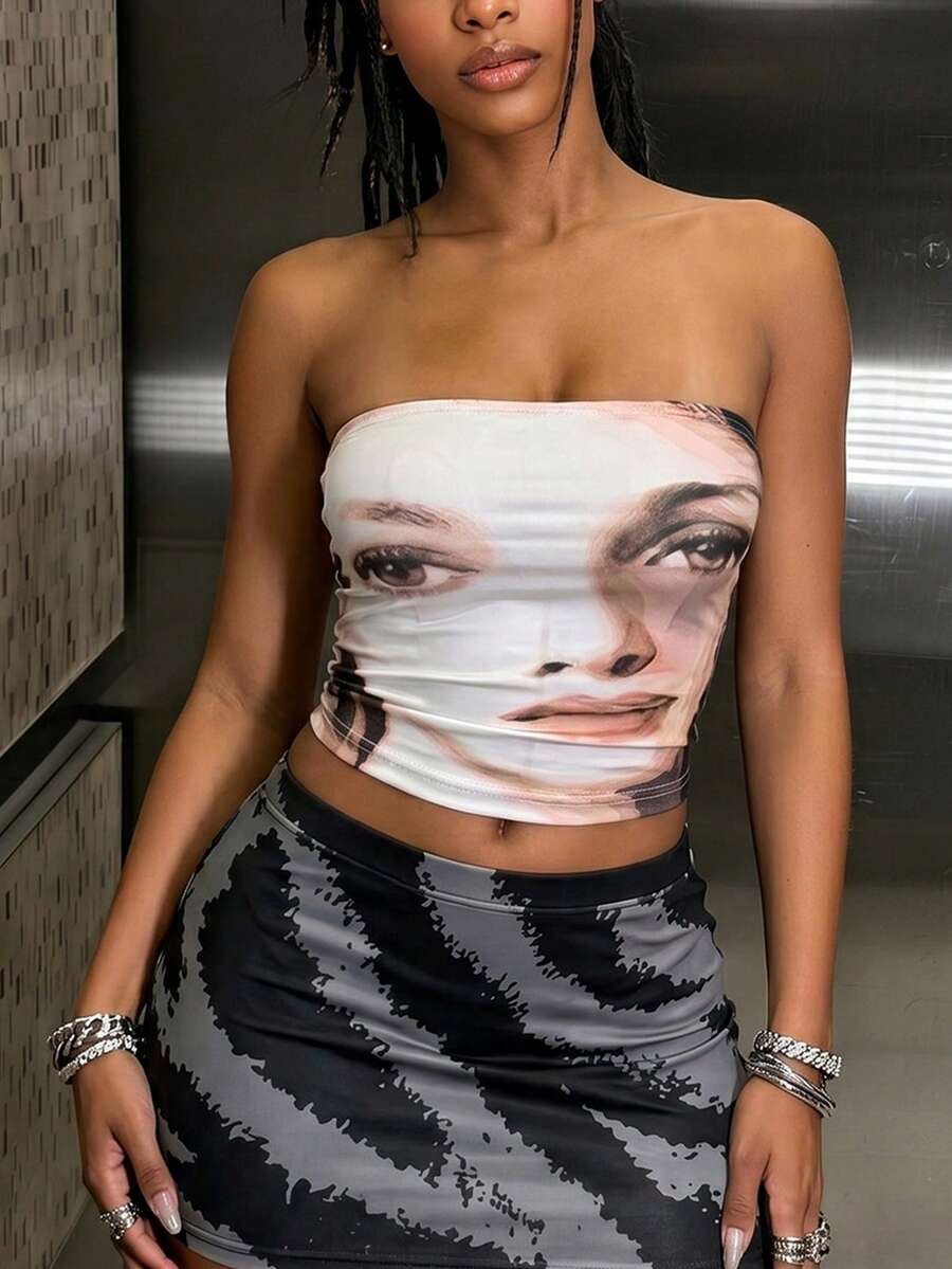 Slouenne Slouenne Áo hai dây crop top in họa tiết phong cách đường phố gợi cảm mới cho mùa Xuân/Hè, kiểu dáng ôm sát, đa năng, thích hợp mặc thường ngày cho nữ. - Màu be - Xem 1