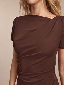 BizChic Women's Dark Brown Summer Elegant Office T-Shirt,Asymmetrical Shoulder Design Ruched Short Sleeve Tee,Versatile For Casual,Commute,Party,Beach,Wedding - Brown - View 9