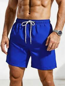 Manfinity KASUA Men's Solid Color Drawstring Casual Beach Shorts, Holiday - Royal Blue - View 3