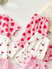 LMoss Kids Cute & Sweet Bow Heart Print, Pink, Baby Girl Casual Minimalist Snug Fit Round Neck Short Sleeve Pants Pajamas, Suitable For Summer - Pink - View 3