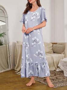 Serenescape Bubble Ruffle Hem Floral Print Long Nightgown - Mauve Purple - View 5