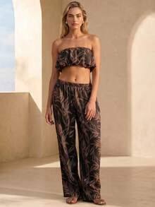 Rouah Damen Blatt bedrucktes Trägertop und Hose mit tiefer Taille Set, Pflanzen Muster, Strandurlaub Stil - Sommer Co-Ord Set, Sommer Zweiteiler, Hosenset - Schwarz - Übersicht 1