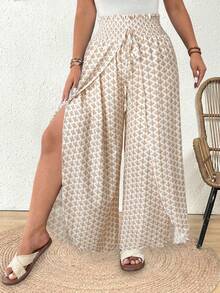 SHEIN Frenchy Quần nữ cỡ lớn cạp chun, in họa tiết, buộc dây, xẻ tà, kiểu dáng thường ngày. - Nhiều màu - Xem 1