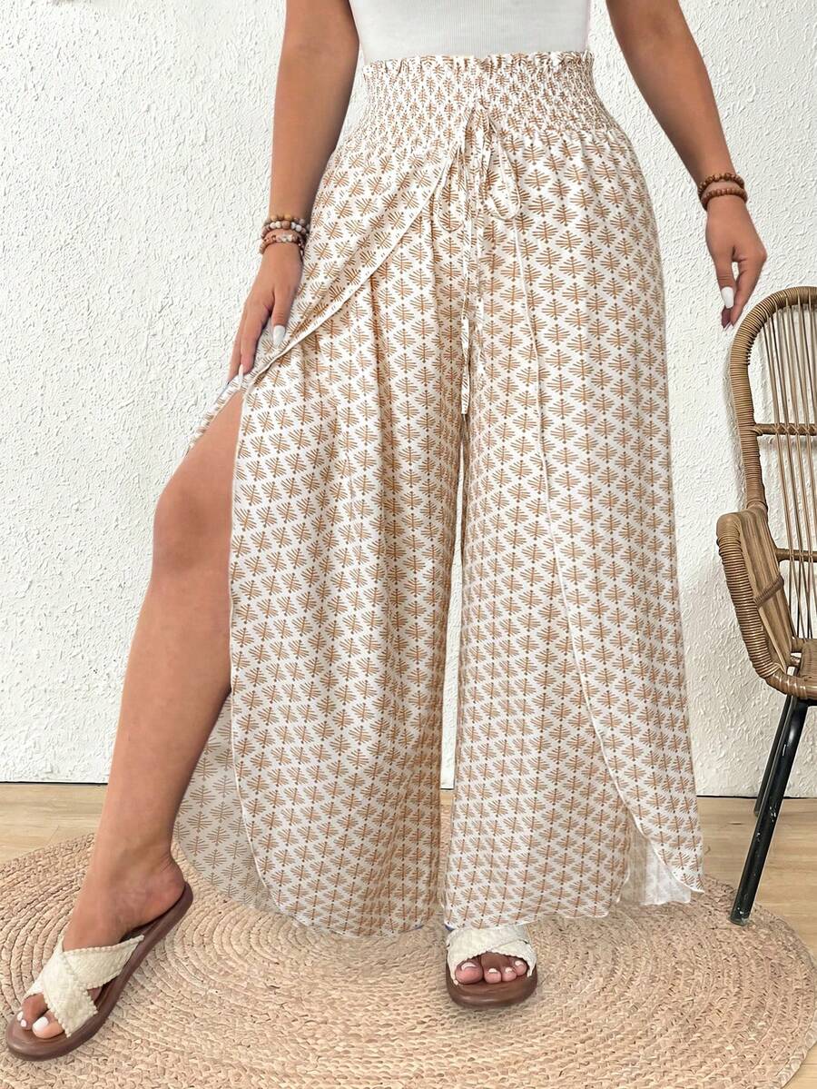 SHEIN Frenchy Quần nữ cỡ lớn cạp chun, in họa tiết, buộc dây, xẻ tà, kiểu dáng thường ngày. - Nhiều màu - Xem 1