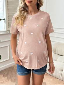 GentleRue Maternity Áo thun bầu tay ngắn cổ tròn in hình trái tim, kiểu dáng thường ngày, đa năng. - Bụi hồng - Xem 5