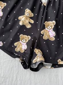 SHEIN 少女睡衣，舒适针织面料，可爱卡通熊印花 - 黑色 - 查看 6
