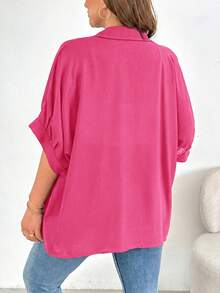 Shapeblank Kemeja Kancing Wanita Ukuran Besar Warna Pink Cerah, Blus Kerja Kasual Cerdas Musim Panas Sehari-hari, Atasan Guru Longgar dan Nyaman, Gaya Musim Semi Dasar yang Sederhana dan Serbaguna - Hot Pink - View 2