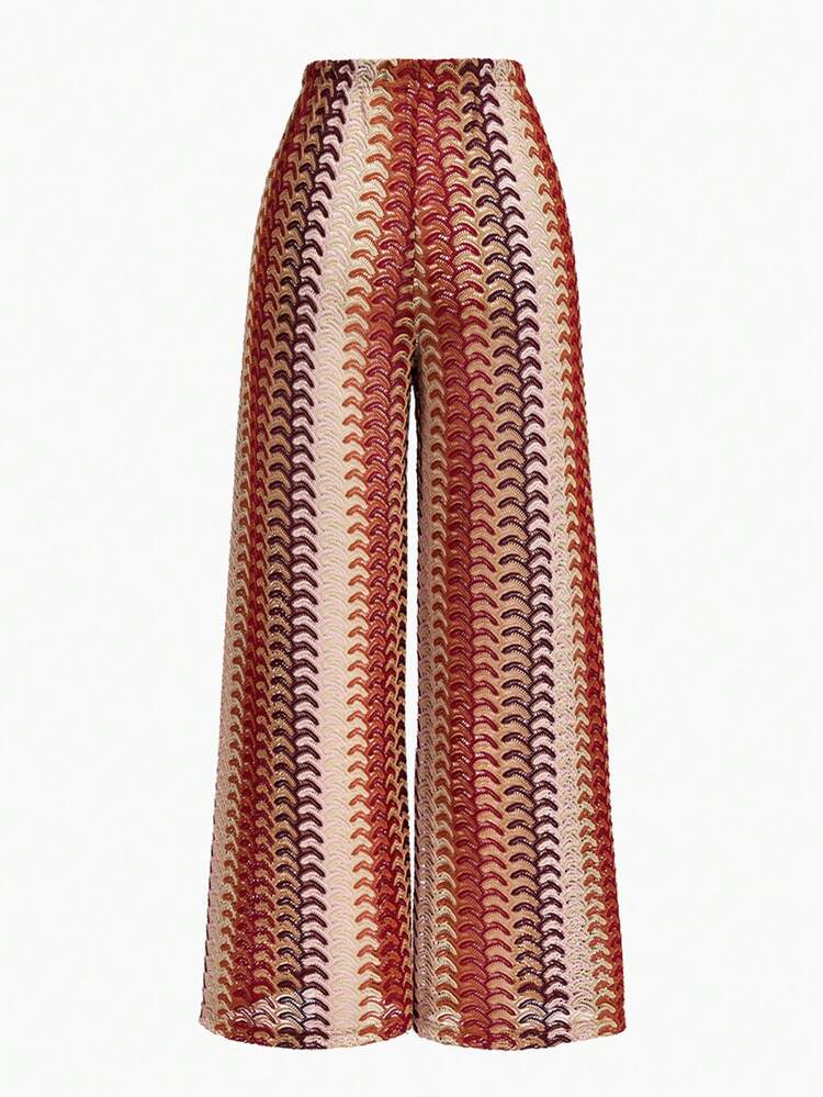 COLORFUL KNITTED JACQUARD LOOSE WIDE LEG PANTS, RELAXED BOHEMIAN STYLE WOMEN BEACH COVER UP TROUSERS
