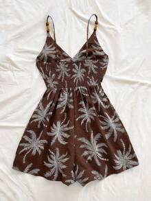 Soleia Women's Brown Summer Boho Tropical Wrap Holiday Vacation Tropical Print Jumpsuit, Spaghetti Strap, Metal Decor, Brunch, Beach Vacation, Music Festival - Coffee Brown - View 2
