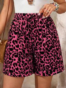 EMERY ROSE Plus Size Leopard Print Pocket Shorts, Summer Vacation Pink - Hot Pink - View 4
