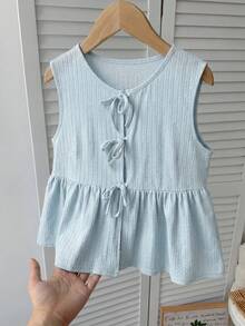 SHEIN Áo kiểu nữ tuổi teen có họa tiết, thắt nơ phía trước, thích hợp mặc hàng ngày hoặc đi nghỉ mát. - Màu xanh lam - Xem 5