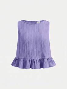 SHEIN 少女紫色纹理编织无袖上衣搭配直筒裤，休闲度假套装，适合假日、派对、优雅场合、返校季、春季野餐、日常穿着。 - 紫色 - 查看 5