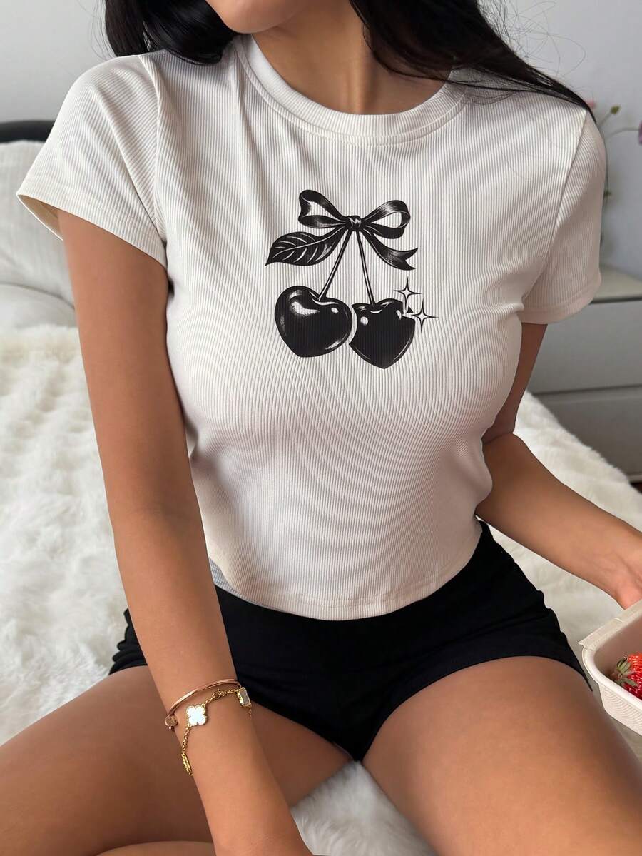 Livesso Bộ áo thun ngắn tay ôm sát, co giãn, màu anh đào đen - Đen và trắng - Xem 1
