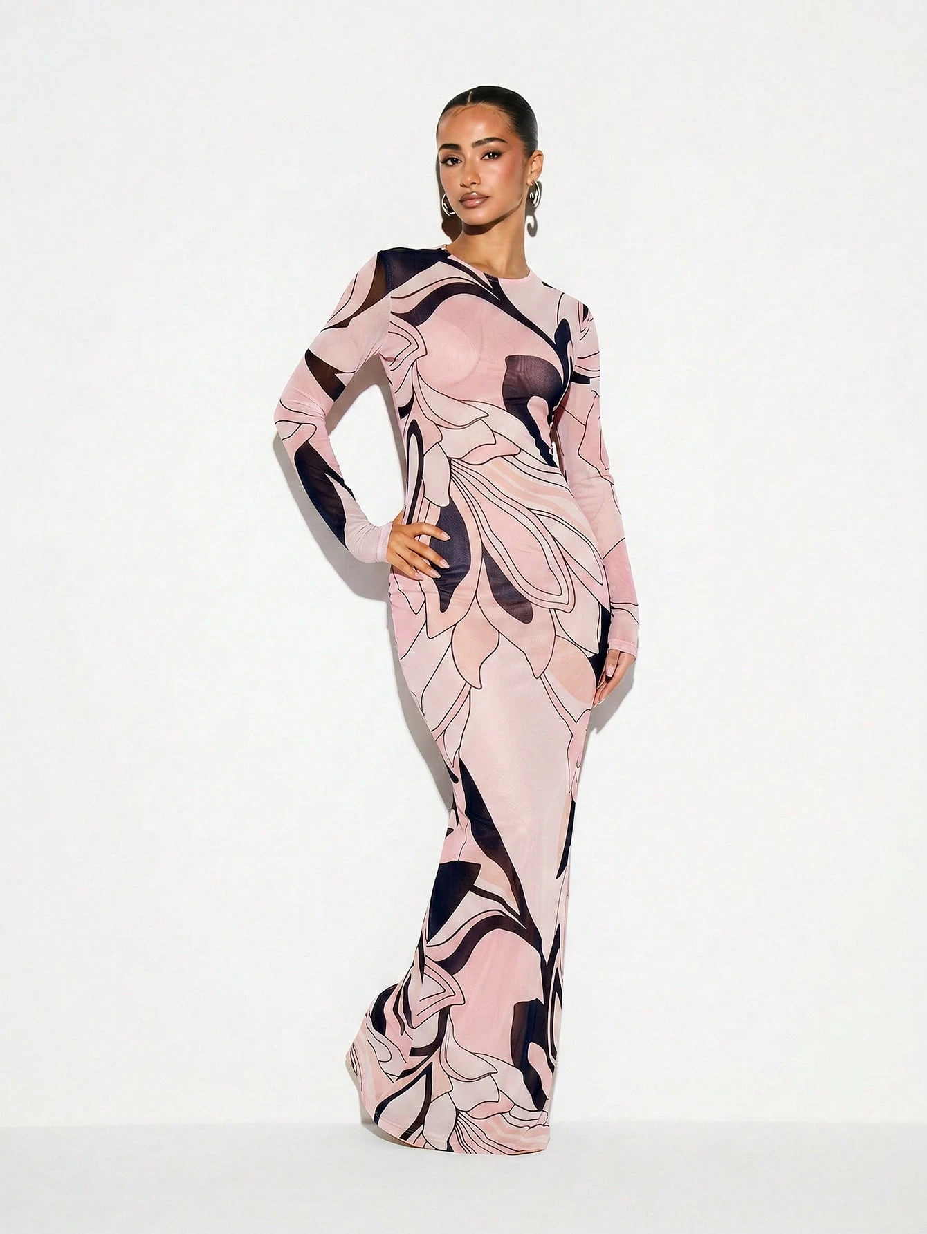 KIZN Abstract Floral Print Mesh Sheer Maxi Cover-Up