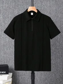 SHEIN 青少年男童黑色简约廓形 Polo 衫，休闲学院风，舒适时尚，百搭柔软面料，适合日常穿着、上学、旅行、返校季、假期、夏季海滩度假、春夏穿着。 - 黑色 - 查看 6