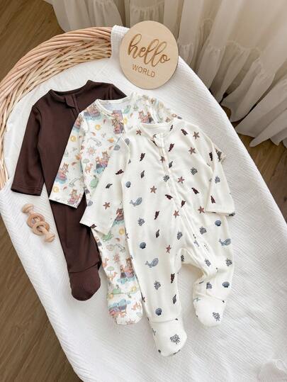 SHEIN Bộ 3 món áo liền quần dài tay dệt kim họa tiết hoa nhí dễ thương cho bé gái sơ sinh