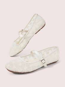 CUCCOO DOLLMOD Women's Shoes, Beige, Round Toe Mary Jane Flats, Flower Embroidered Mesh Yarn, Sweet And Cute, Comfortable, Soft And Breathable - Petals - Apricot - View 3