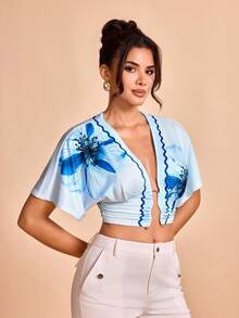 Glamance Vecteezy Women's Floral Print Pleated Casual Sexy Versatile Daily Wear Short Sleeve Top Vacation Light Blue Summer - Blue - View 4