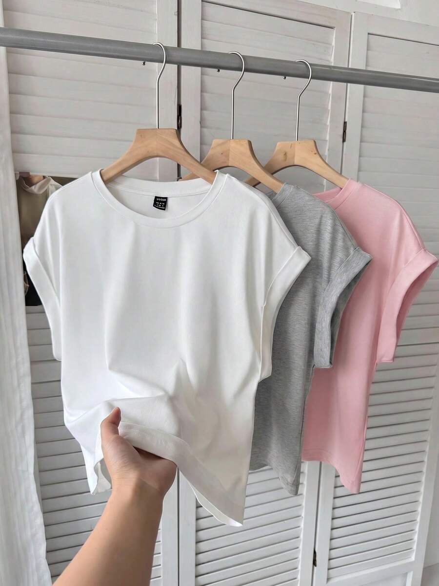 SHEIN LUNE 3件套女士休闲纯色基础款短袖T恤可爱上衣基础款上衣外出机场女装街头风外出上衣夏季女装3件套女士露脐上衣女士T恤女士外出上衣女士节日上衣奶油黄外出上衣女士纯色上衣纯色上衣休闲 - 粉色 - 查看 1