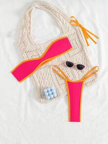Swim SXY 2件套女士拼色装饰吊带可拆卸肩带丁字裤比基尼泳装套装 - 西瓜粉 - 查看 3
